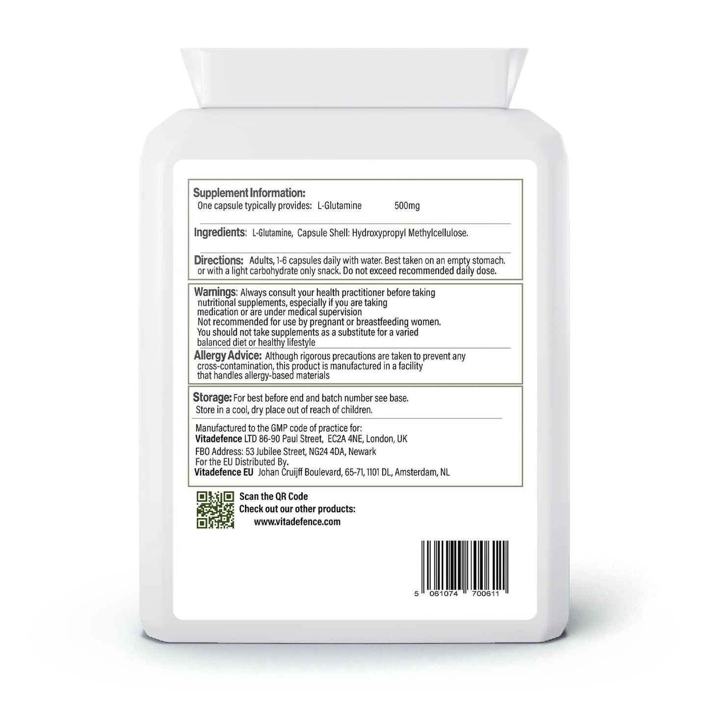 L-Glutamine | Pure Amino Acid 500mg – 90 Capsules